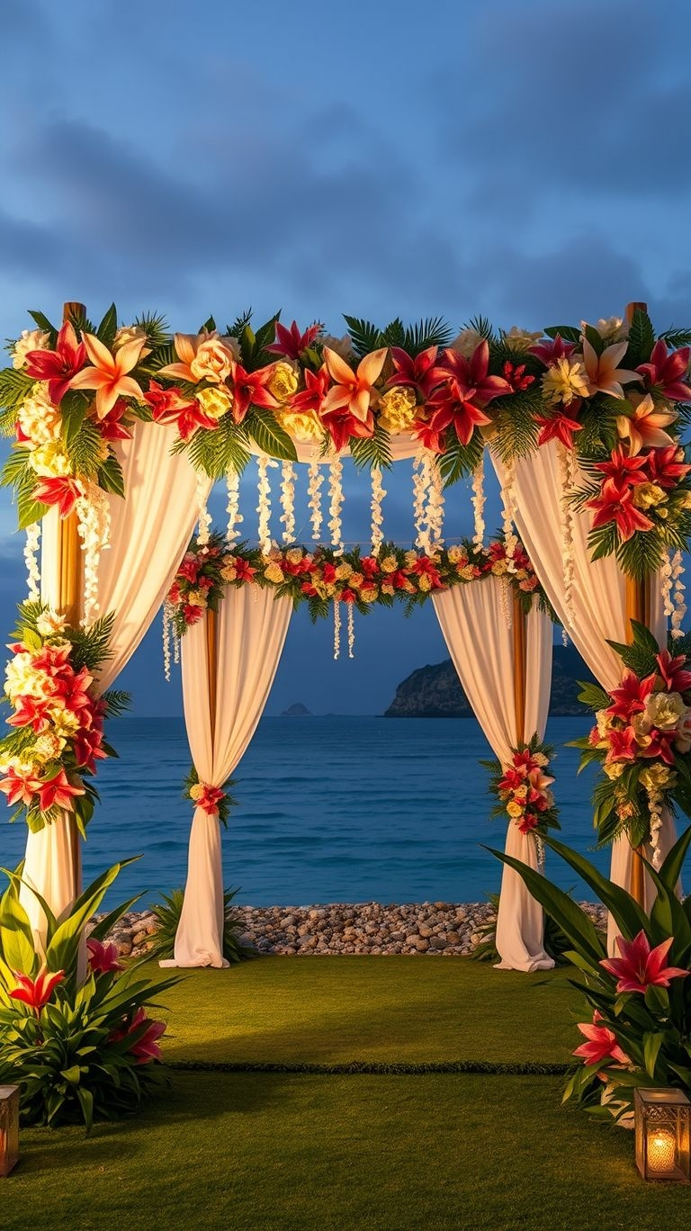 Think tiki torches, exotic petals, and a warm evening breeze—your tropical wedding aisle is an island-inspired fairytale waiting to happen!