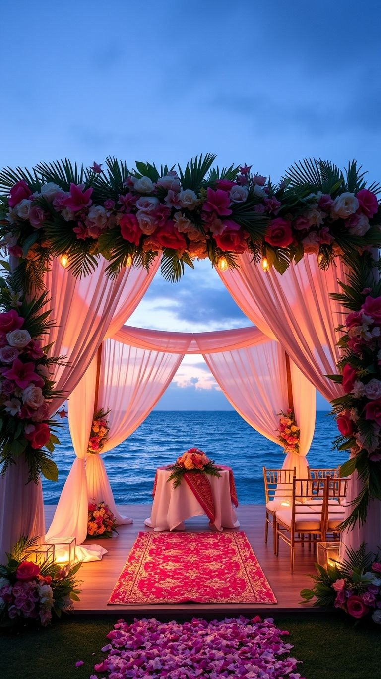 Florals in deep sunset tones, flickering candles, and tropical vibes—your evening wedding aisle deserves this dreamy glow-up!