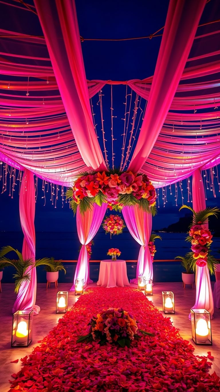 A night to remember starts with a dreamy aisle lined with palm leaves and soft candlelight—a tropical wedding masterpiece!