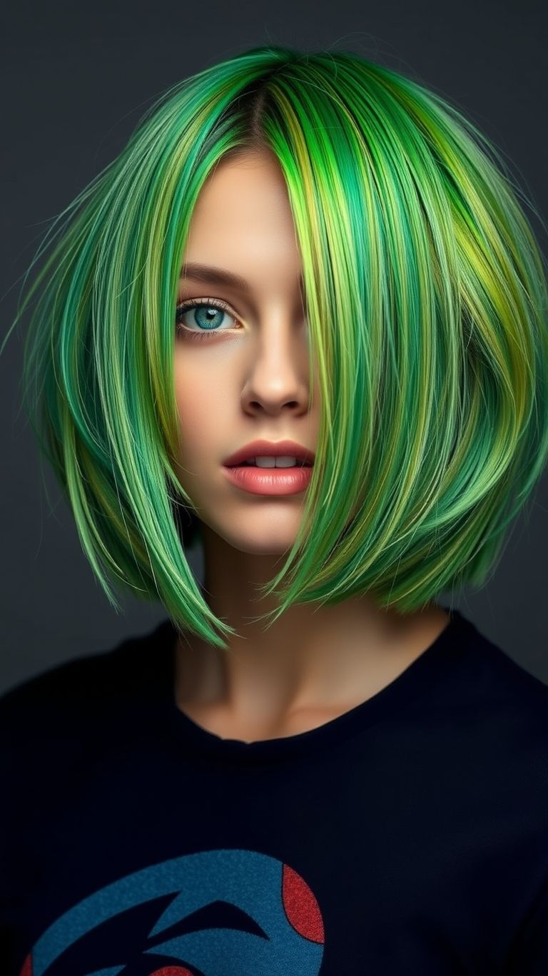 85+ Short Hair Color Trends That Are Bold and Beautiful | Pocoko Green isn’t just for nature—your short hair deserves a fresh, vibrant upgrade! This trend is all about fearless color.