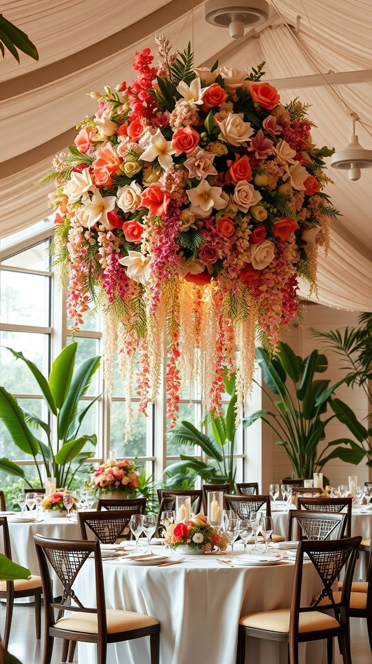 Floating florals? Yes, please! Suspended bouquets turn your wedding space into a breathtaking tropical paradise.