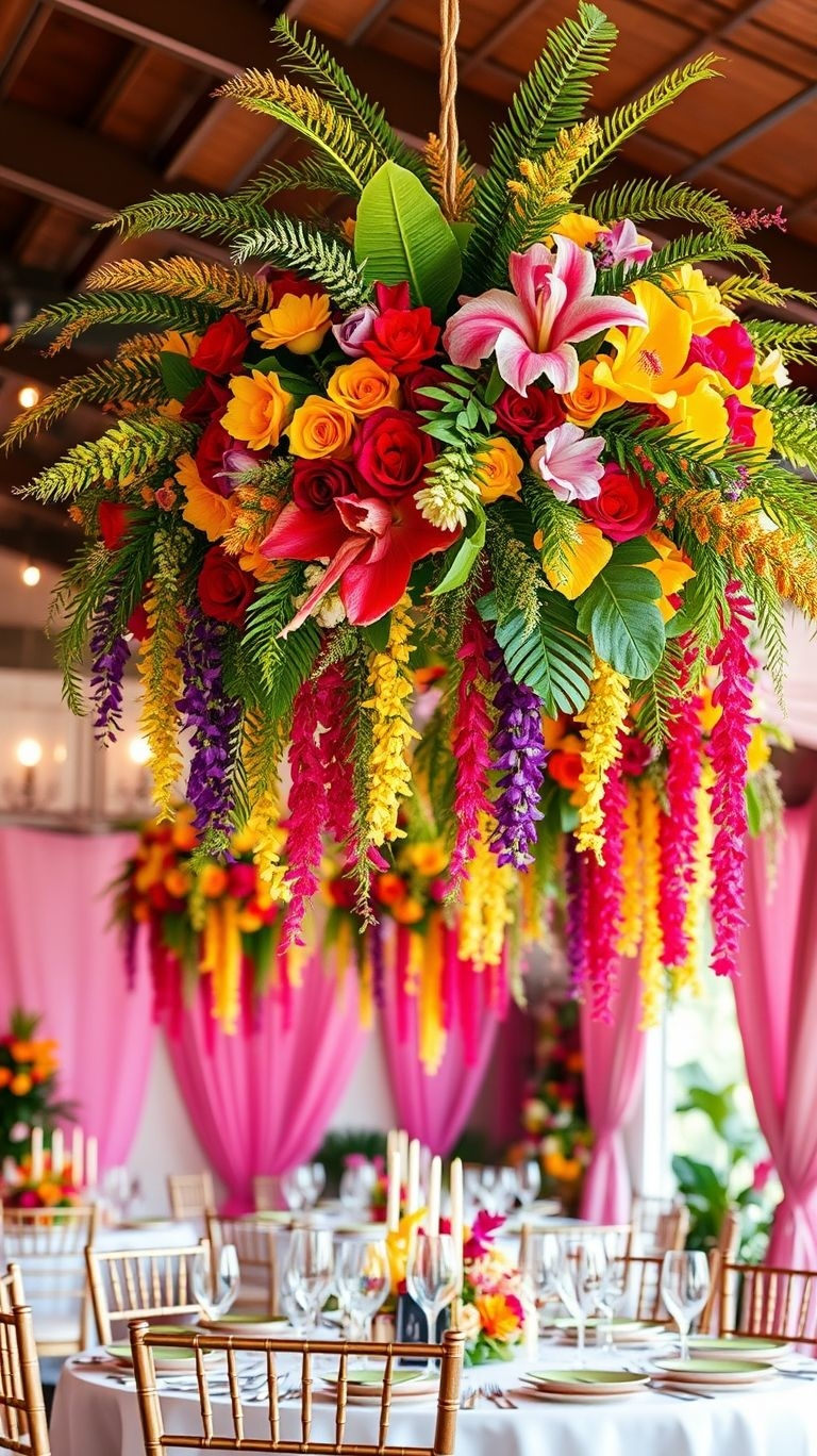 Add movement and artistry to your wedding decor with tropical hanging bouquets—because florals look even better when they float!