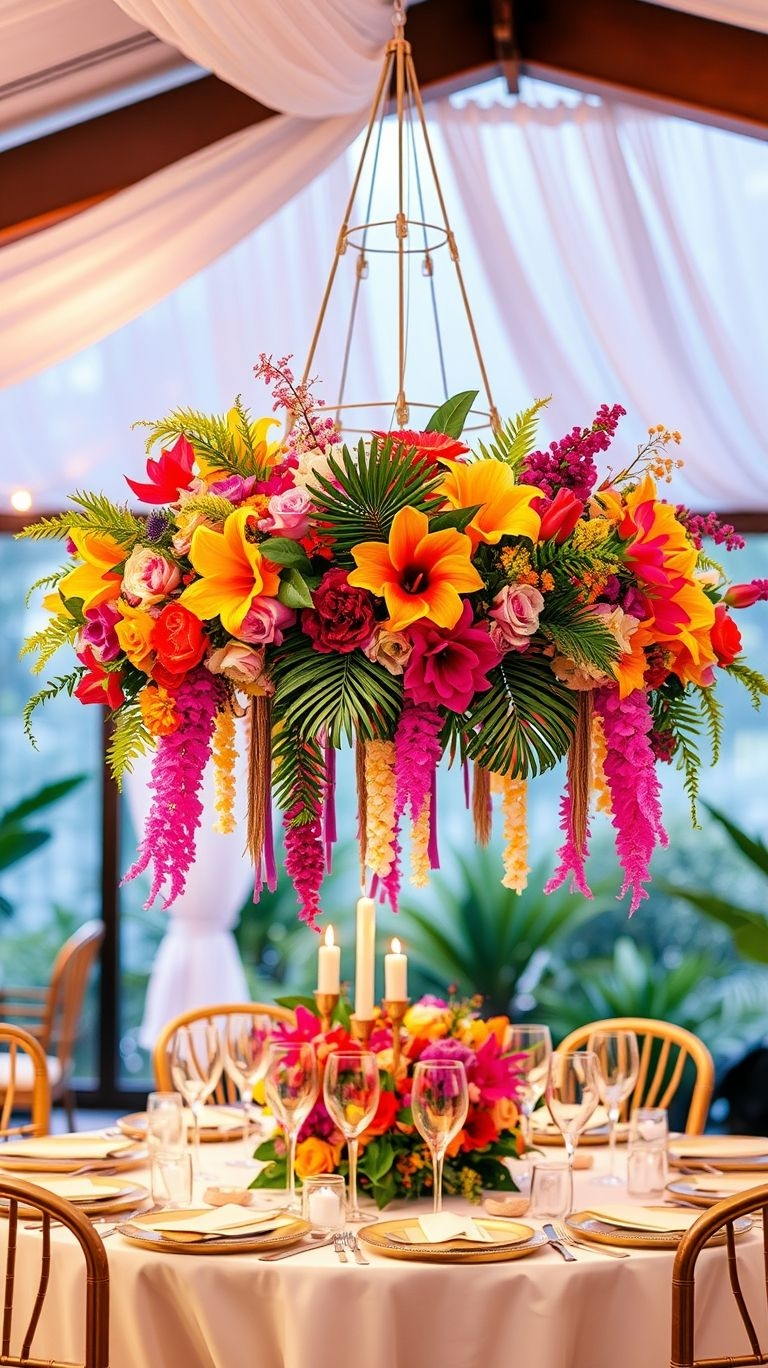 An aisle, an altar, and florals in the sky—hanging bouquets make your tropical wedding feel fresh, unique, and visually stunning!