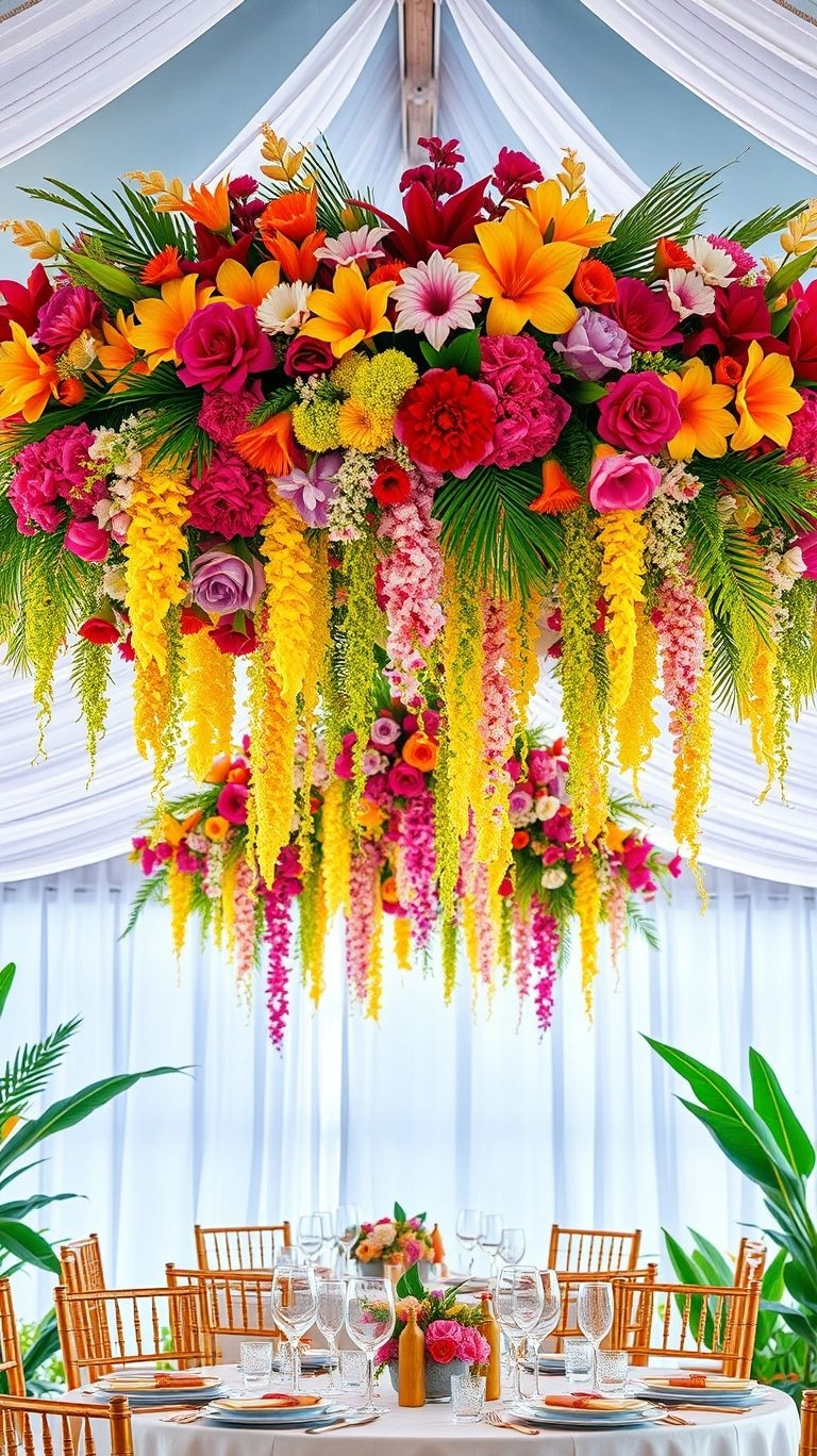 Turn your wedding venue into a garden in the sky! Hanging bouquets create a breathtaking tropical experience from above.