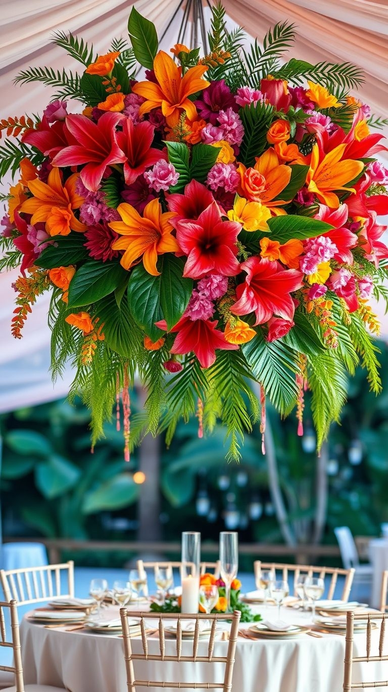 Every wedding deserves a touch of drama—suspended bouquets bring bold tropical colors and artistic elegance to your space!