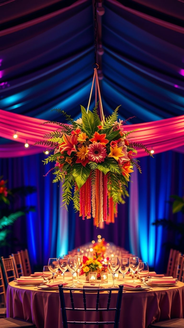 Why just decorate when you can transform? Hanging bouquets make your tropical wedding feel like a lush, romantic escape.