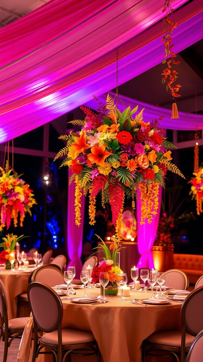 From orchids to hibiscus, hanging bouquets create a floating floral dream! Tropical wedding vibes just got even more magical.