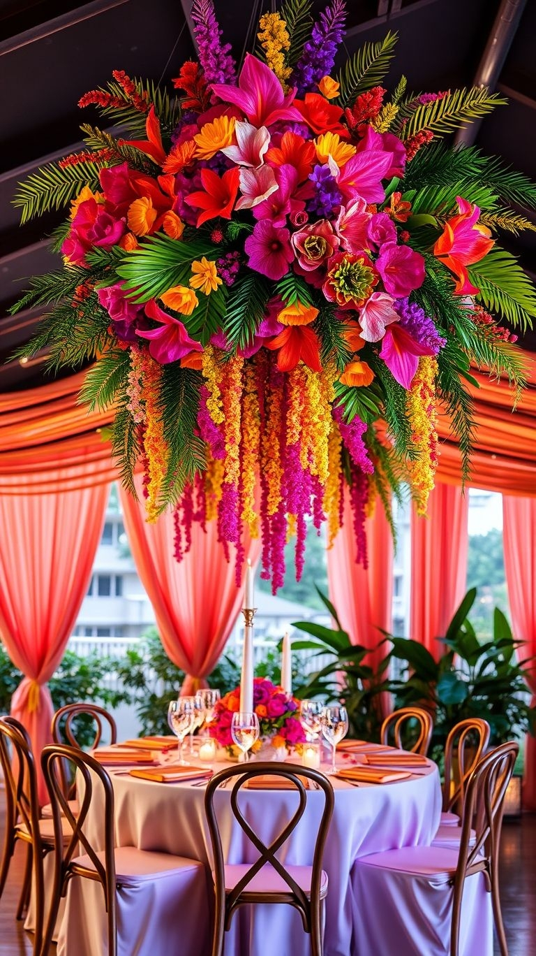 Think floating paradise! Suspended tropical flowers bring a fresh, dreamy aesthetic to wedding spaces in the most breathtaking way.