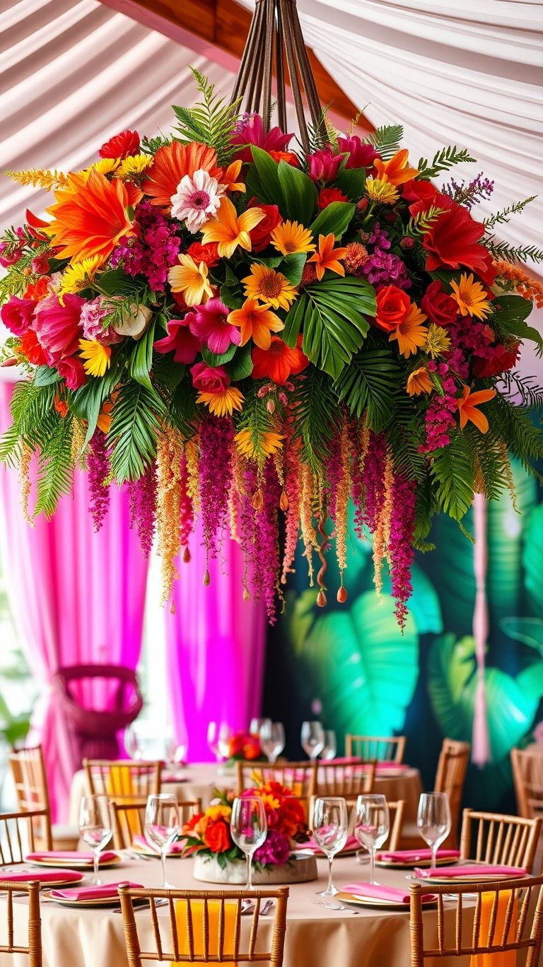 From vines to vibrant petals, hanging bouquets are THE wedding decor move that elevates elegance and tropical charm!