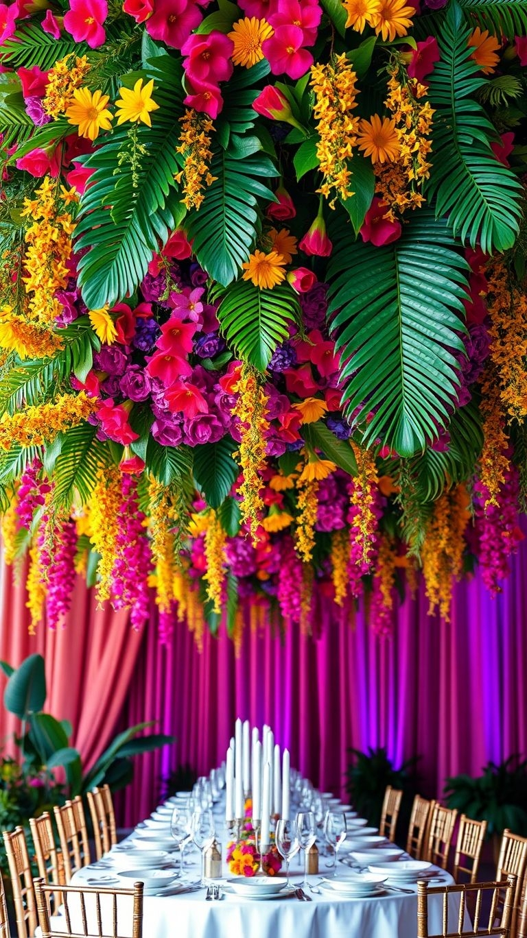 Tropical blooms, cascading greens, and a wedding that feels straight out of paradise—hanging floral bouquets bring the drama in the best way!