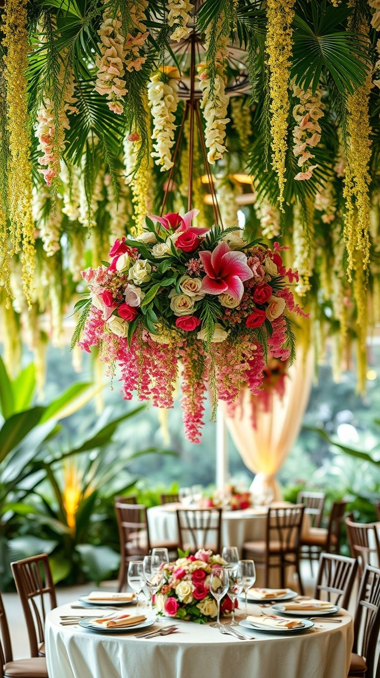 Take your wedding flowers to new heights—literally! Suspended tropical bouquets create an enchanting overhead floral display.