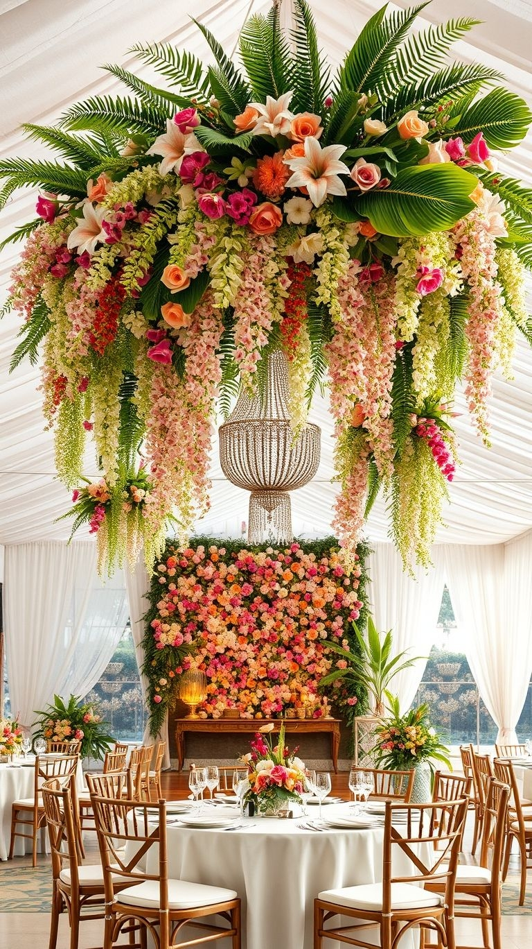 Hanging floral arrangements turn your wedding into a true island dream! Lush, exotic, and effortlessly breathtaking.
