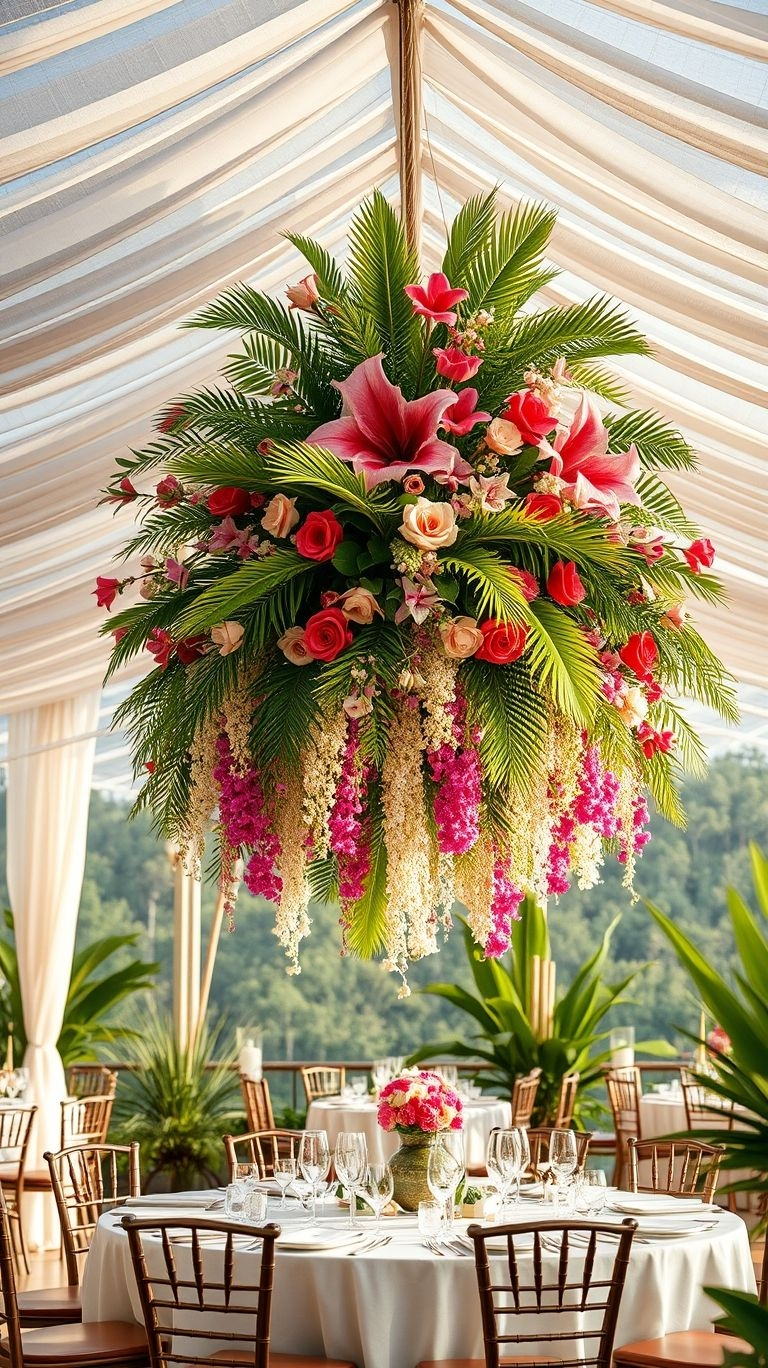 Let your love bloom above! Hanging bouquets bring depth and romance to your tropical wedding decor with vibrant, floating florals.