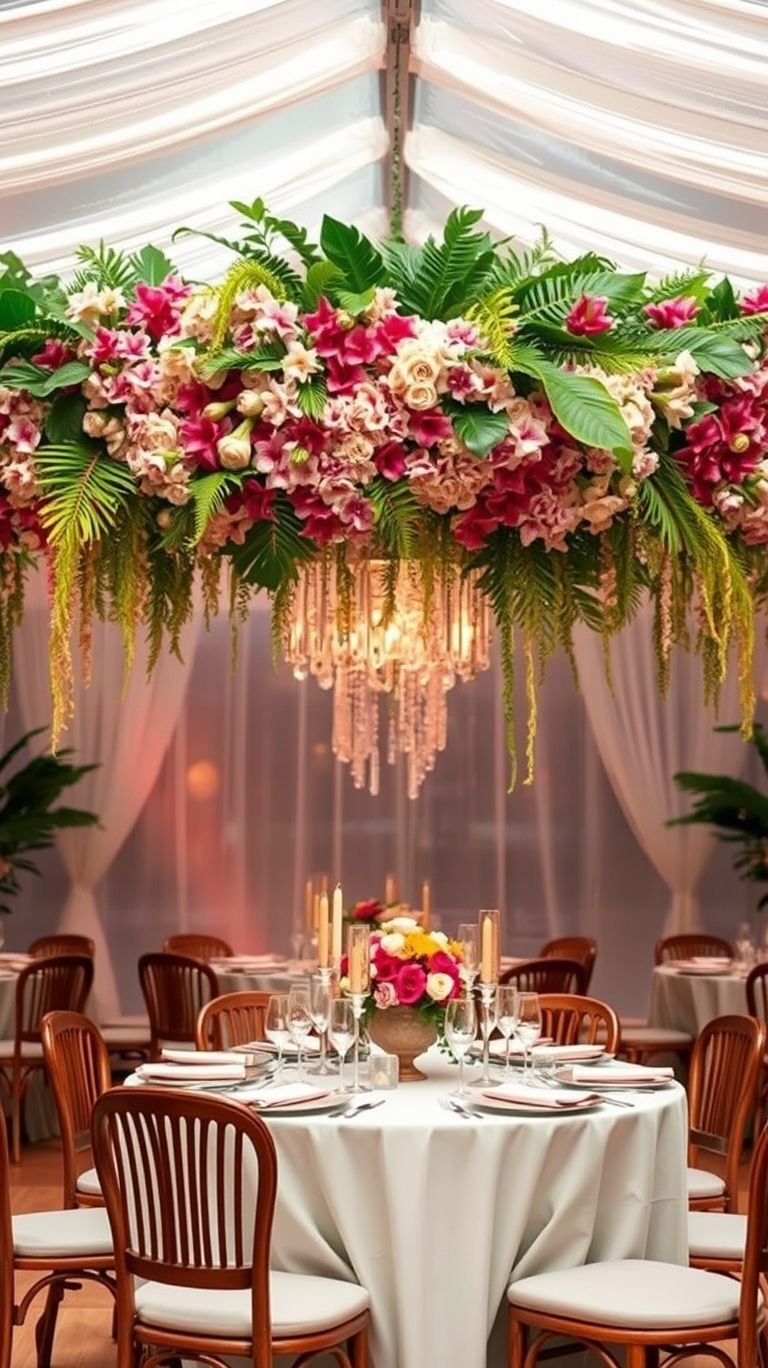 Say 'I do' under a canopy of tropical flowers—hanging bouquets make every wedding moment feel ethereal and unforgettable.