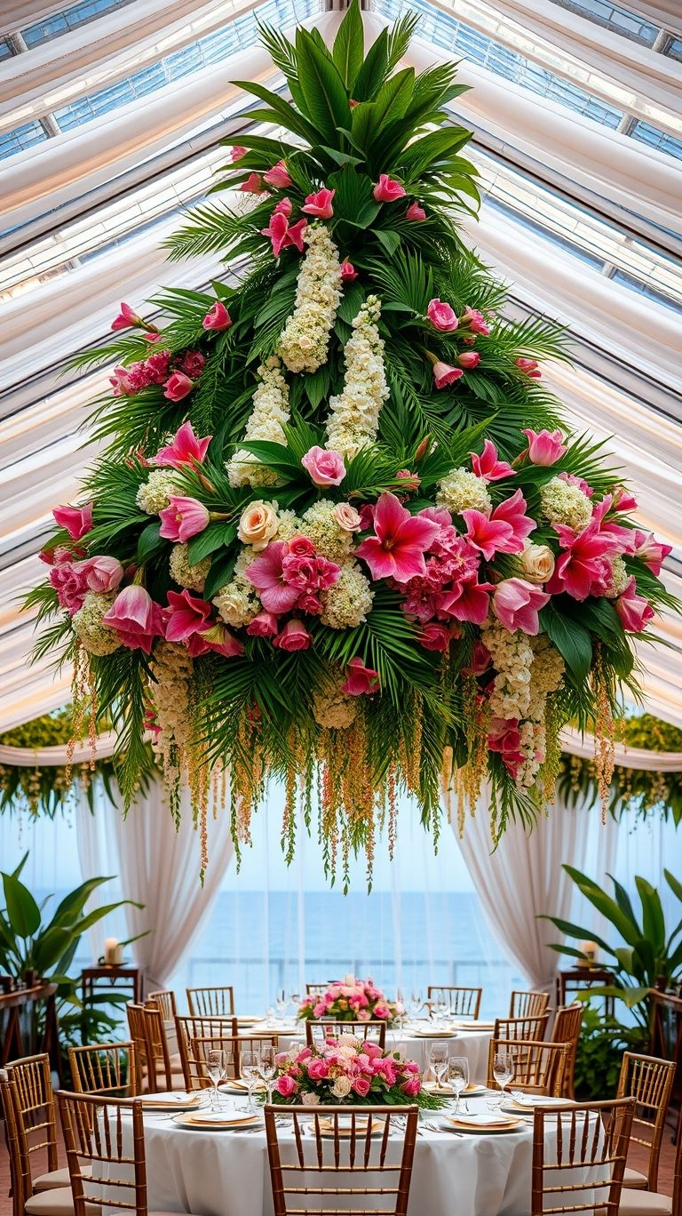 Lush palms, vibrant orchids, and an overhead floral masterpiece? Hanging bouquets are the ultimate tropical wedding statement!
