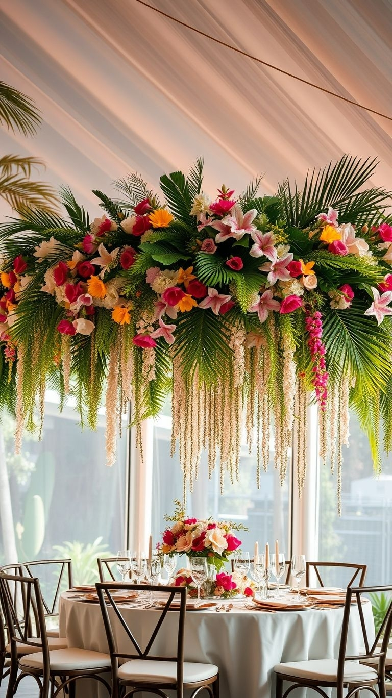 Why keep the beauty on the ground? Hanging bouquets elevate wedding decor with elegant blooms and cascading tropical charm.
