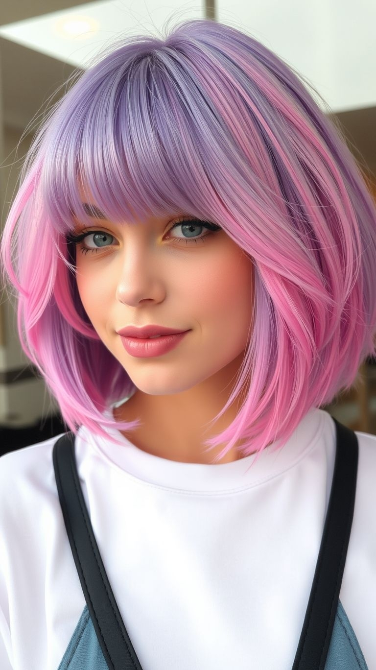 Feel like a pastel dream with short lavender and mint hair! A unique color fusion that’s light, airy, and absolutely stunning.