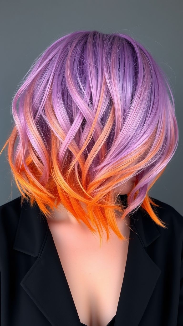 Lavender meets fire! Short hair in dreamy purples and fiery oranges creates the ultimate bold and unexpected contrast.