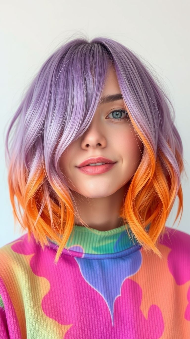 Short hair never looked so electrifying—lavender and orange hues mix sweet and spicy for a showstopping look!