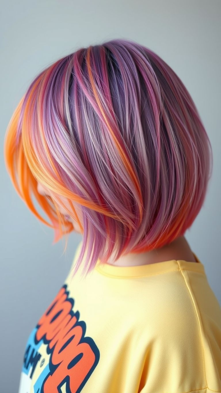 Turn up the contrast! Short lavender and orange hair blends pastel charm with high-energy boldness—it’s pure magic!
