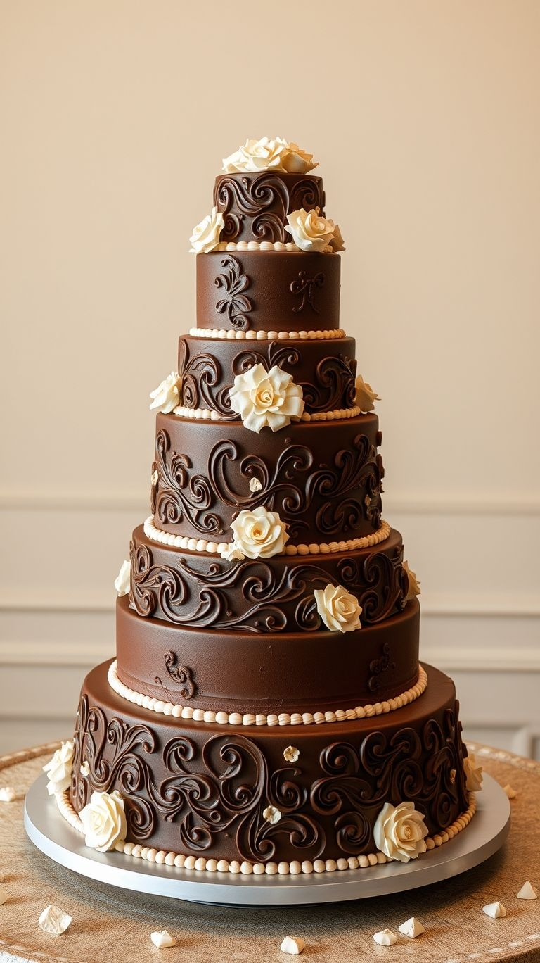 Indulgence never looked this good! Layers of velvety chocolate wrapped in elegance make this wedding cake a true showstopper.