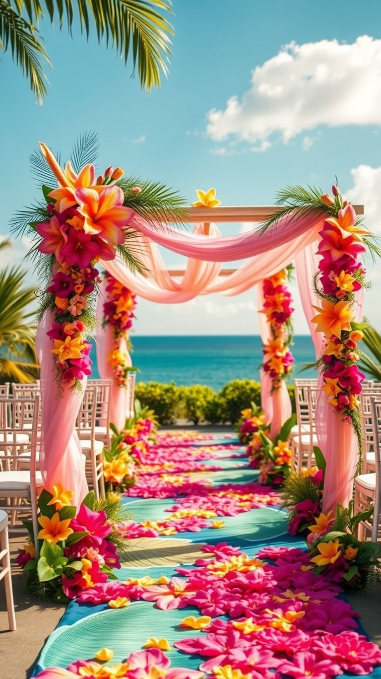 A sea-facing aisle covered in tropical blooms makes every step toward 'I do' feel straight out of a fairytale!