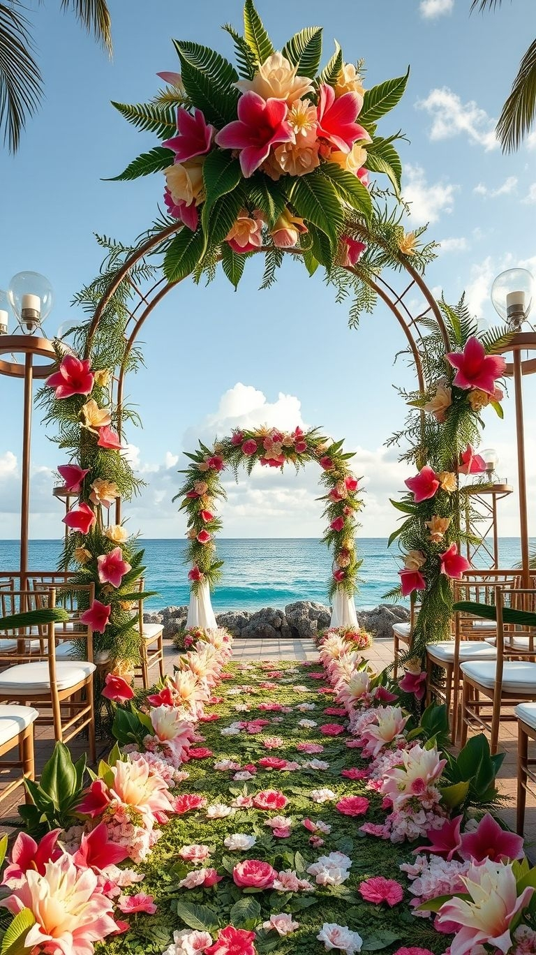 Say yes to tropical beauty with an oceanfront aisle bursting with vibrant blooms—where love meets paradise!