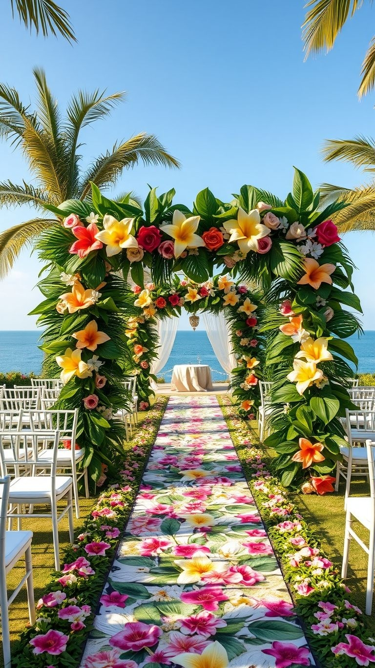 Who needs a ballroom when the ocean sets the scene? A sea-facing floral aisle brings natural elegance to your tropical wedding.
