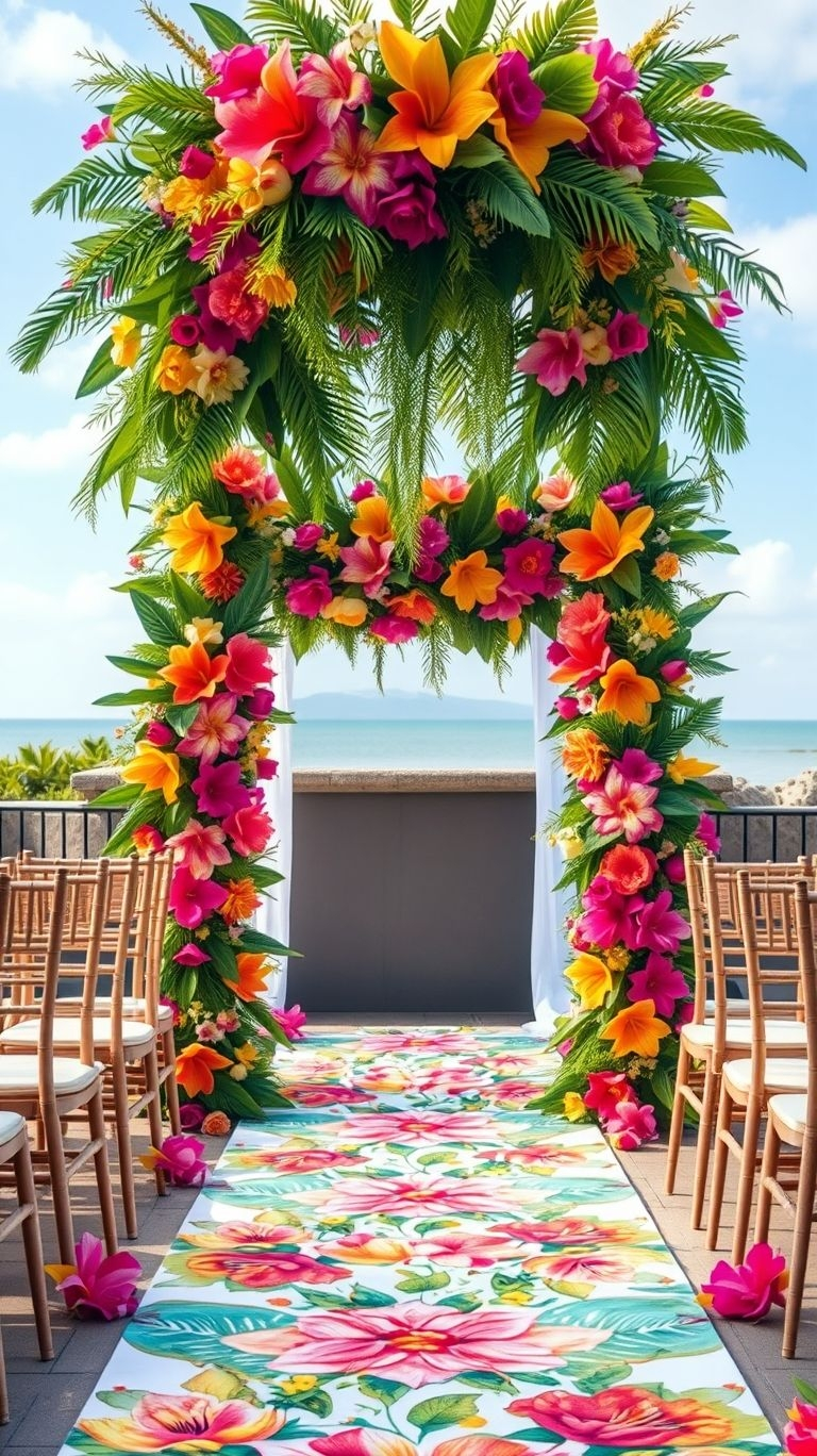Waves crashing, florals blooming, and love in the air—this sea-facing tropical wedding aisle is the definition of paradise!