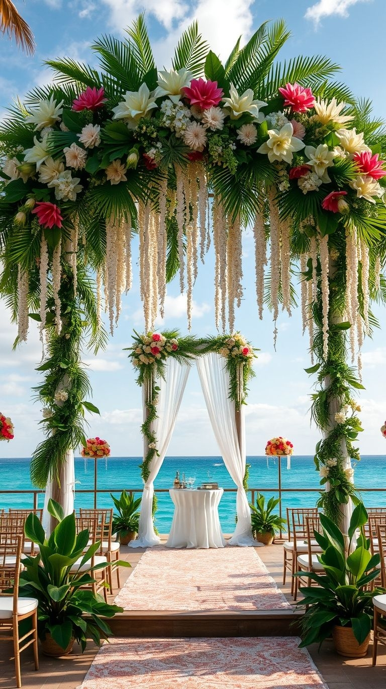 Coastal elegance meets tropical romance—a floral-lined aisle by the sea is the ultimate way to walk toward forever.