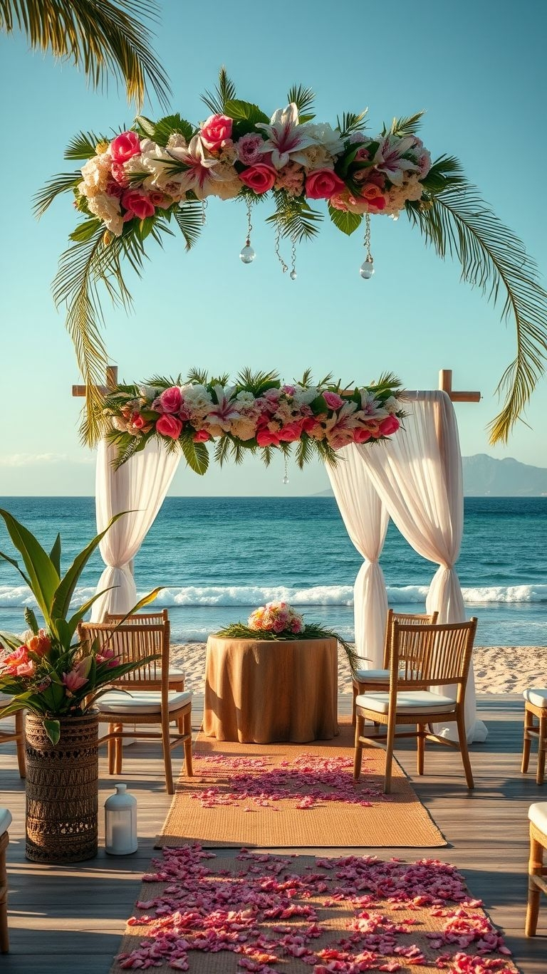 Waves crashing, florals blooming, and love in the air—this sea-facing tropical wedding aisle is the definition of paradise!