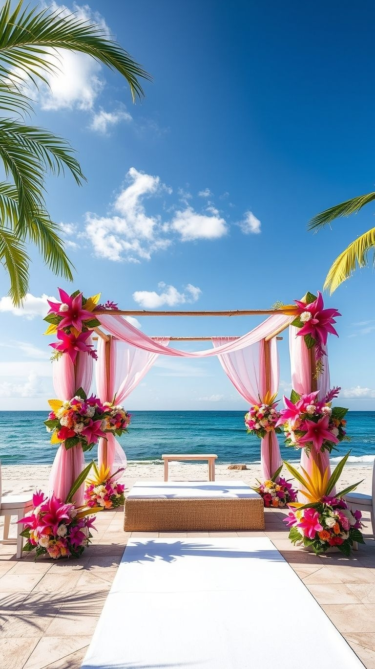 Sunset glow, tropical flowers, and the sound of the waves—this seaside wedding aisle is the perfect setting for forever.