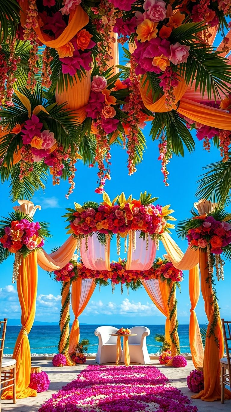 Tropical florals + seaside serenity = the ultimate wedding aisle goals! This dreamy setup is pure island romance.
