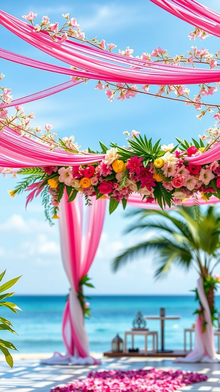 Say yes to tropical beauty with an oceanfront aisle bursting with vibrant blooms—where love meets paradise!