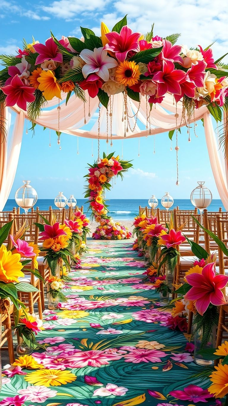 Fresh florals, salty air, and endless romance—this sea-facing wedding aisle turns your ceremony into an unforgettable tropical dream.