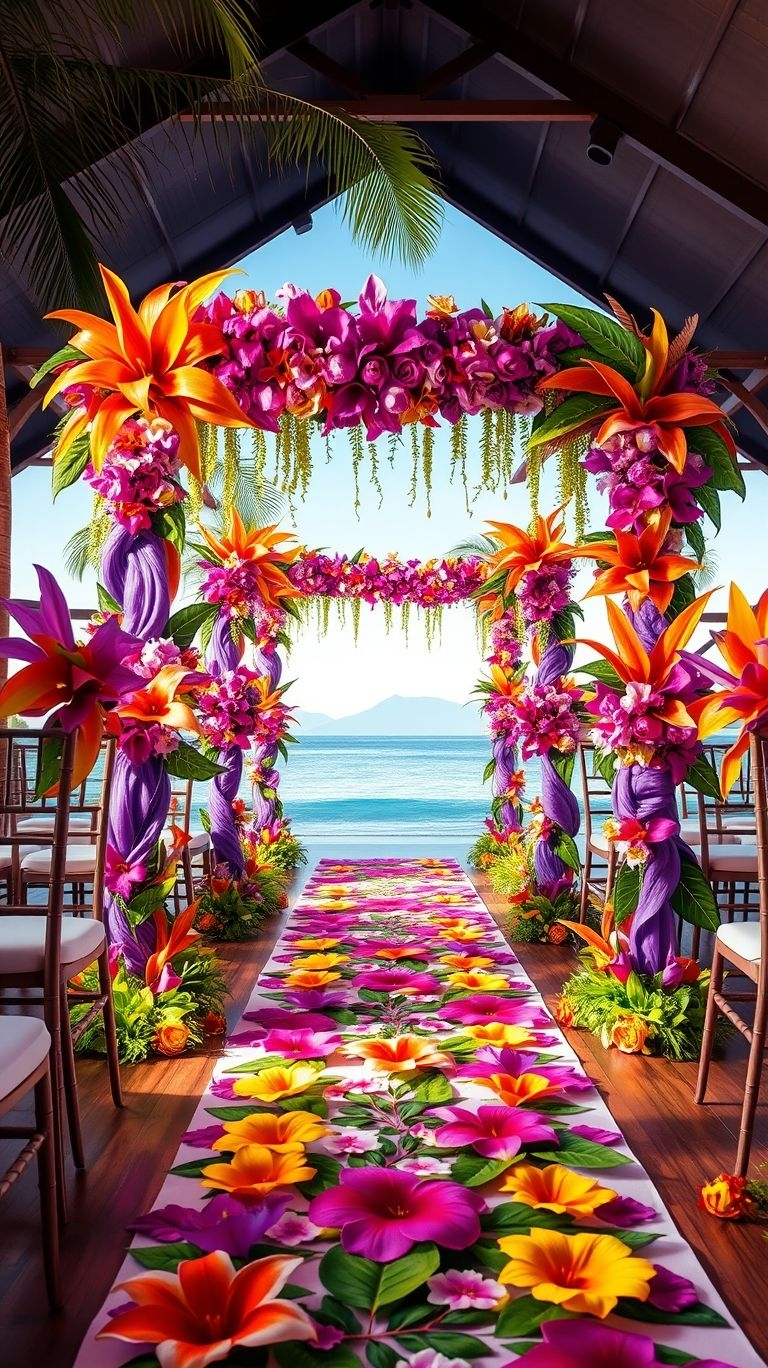 Sunset glow, tropical flowers, and the sound of the waves—this seaside wedding aisle is the perfect setting for forever.