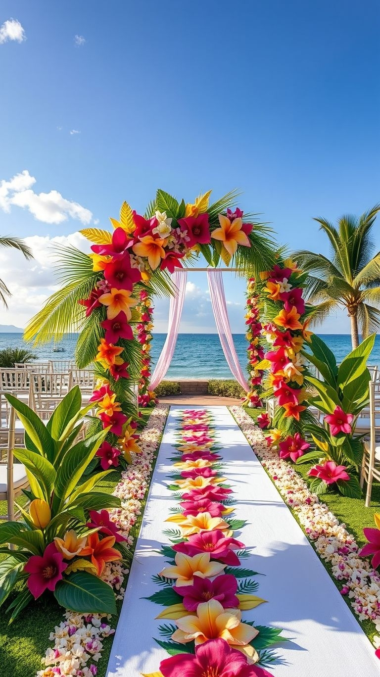 Your aisle, but make it tropical! Let lush florals and ocean views frame your perfect walk down the aisle.