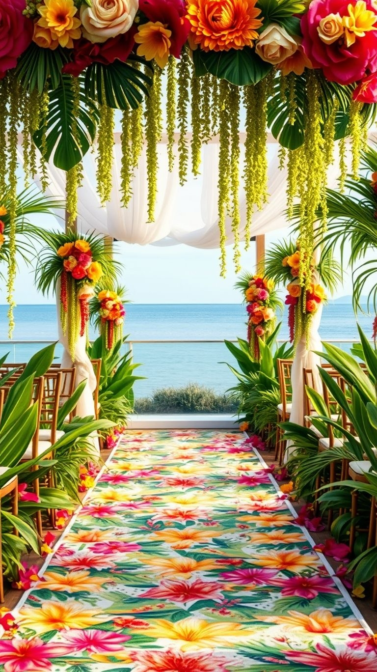 Tropical florals + seaside serenity = the ultimate wedding aisle goals! This dreamy setup is pure island romance.