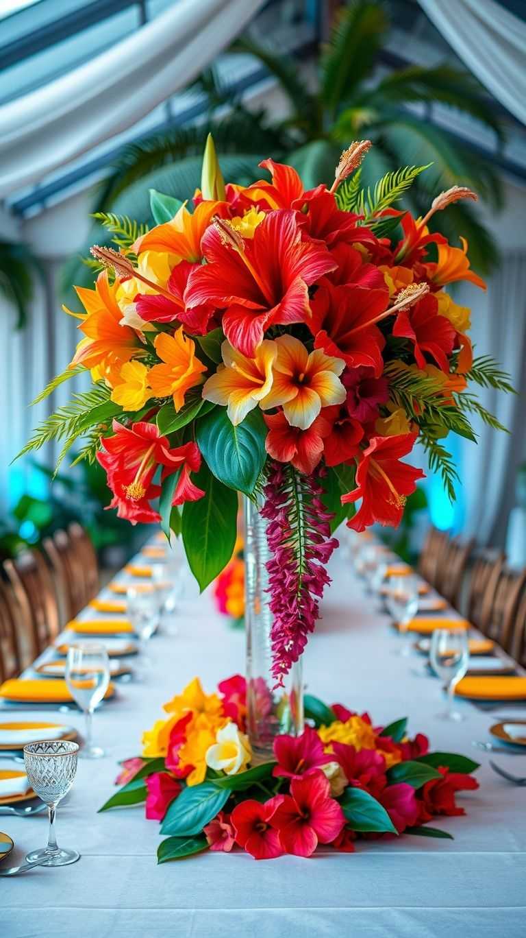 Turn your tables into a tropical paradise! Vibrant blooms, rich greenery, and bold island vibes make these centerpieces unforgettable.