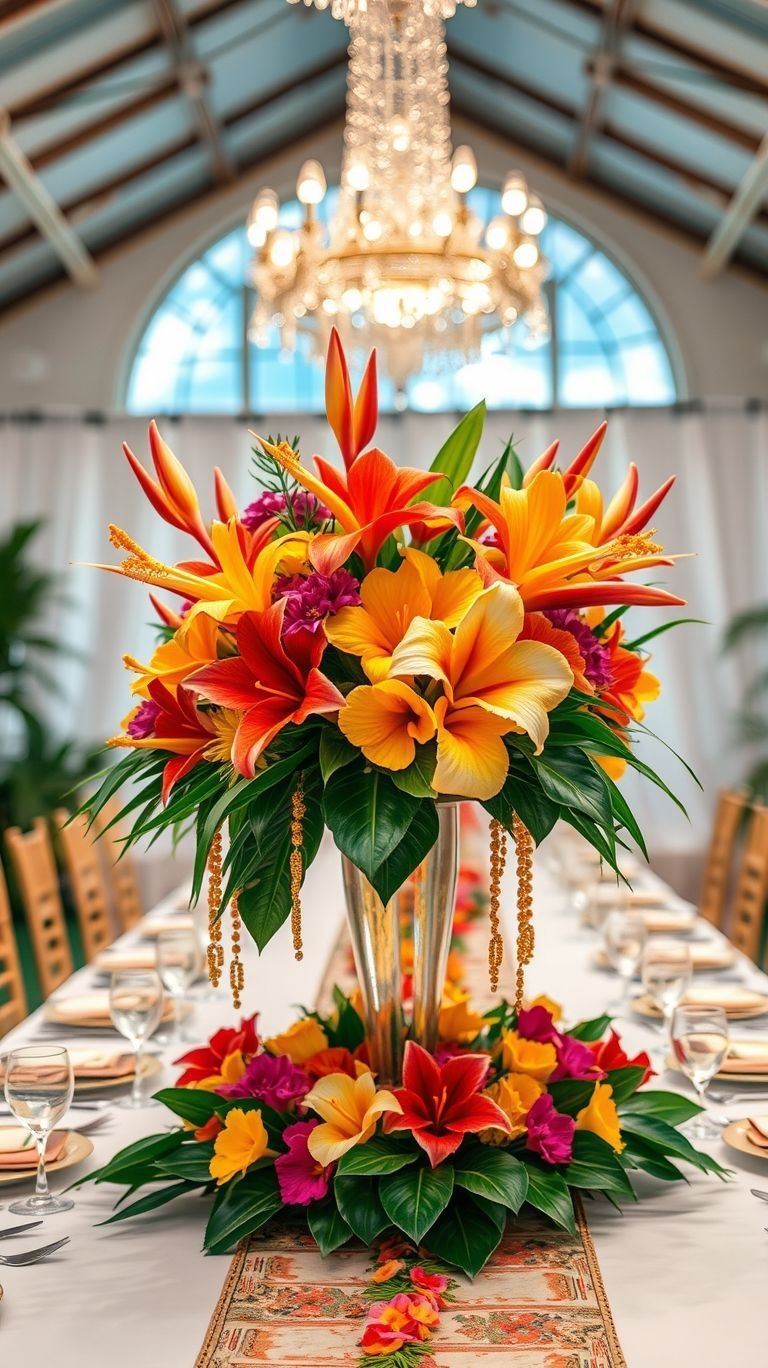 Hibiscus, protea, and palms—tropical flowers make centerpieces pop with dramatic beauty and fresh island vibes!