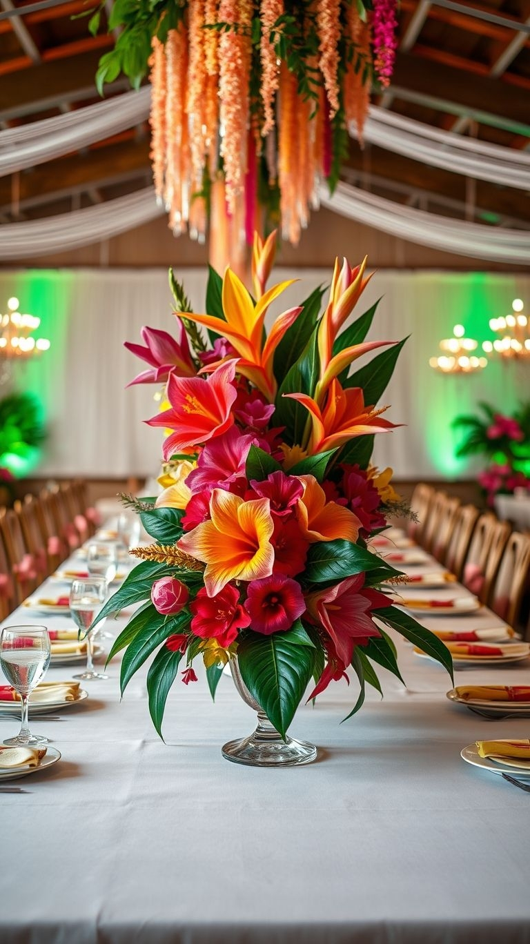 It’s giving destination wedding dreams! Tropical flower centerpieces instantly transport you to sun-soaked shores and lush landscapes.