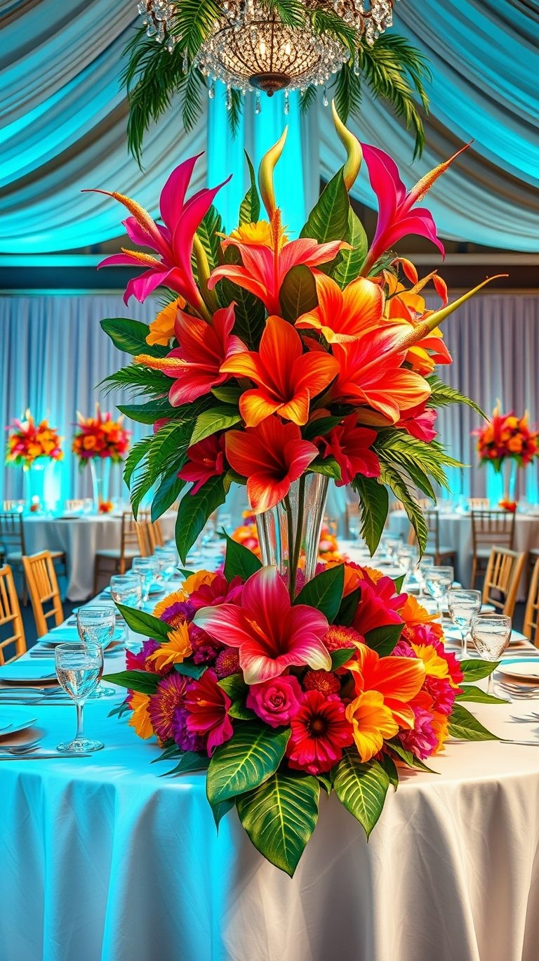 A centerpiece that feels like a tropical getaway? Yes, please! Vibrant blooms and lush greenery make every setting picture-perfect.
