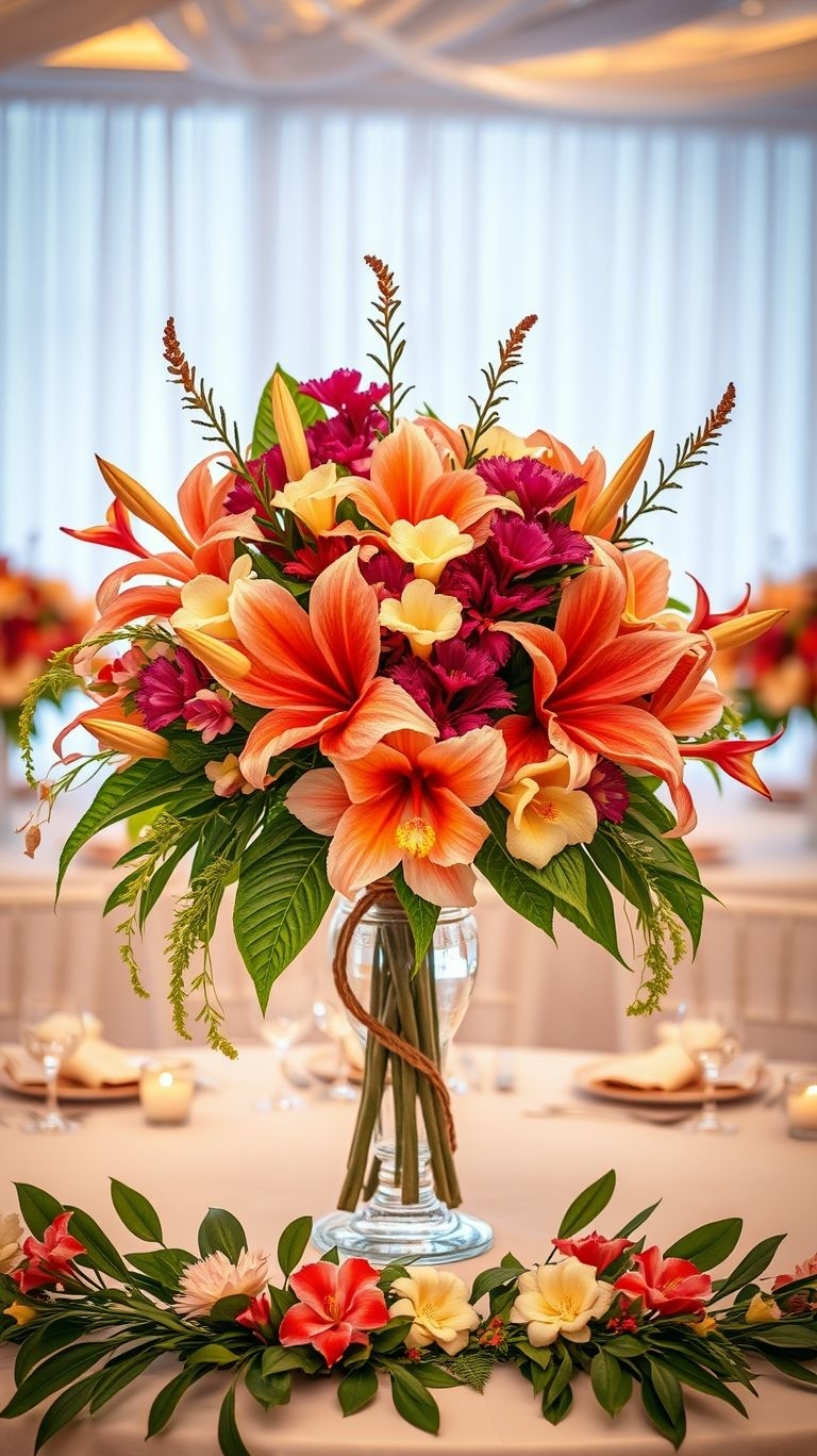 Think hibiscus, orchids, and palm leaves! Tropical centerpieces create a floral explosion of color, energy, and pure island magic.
