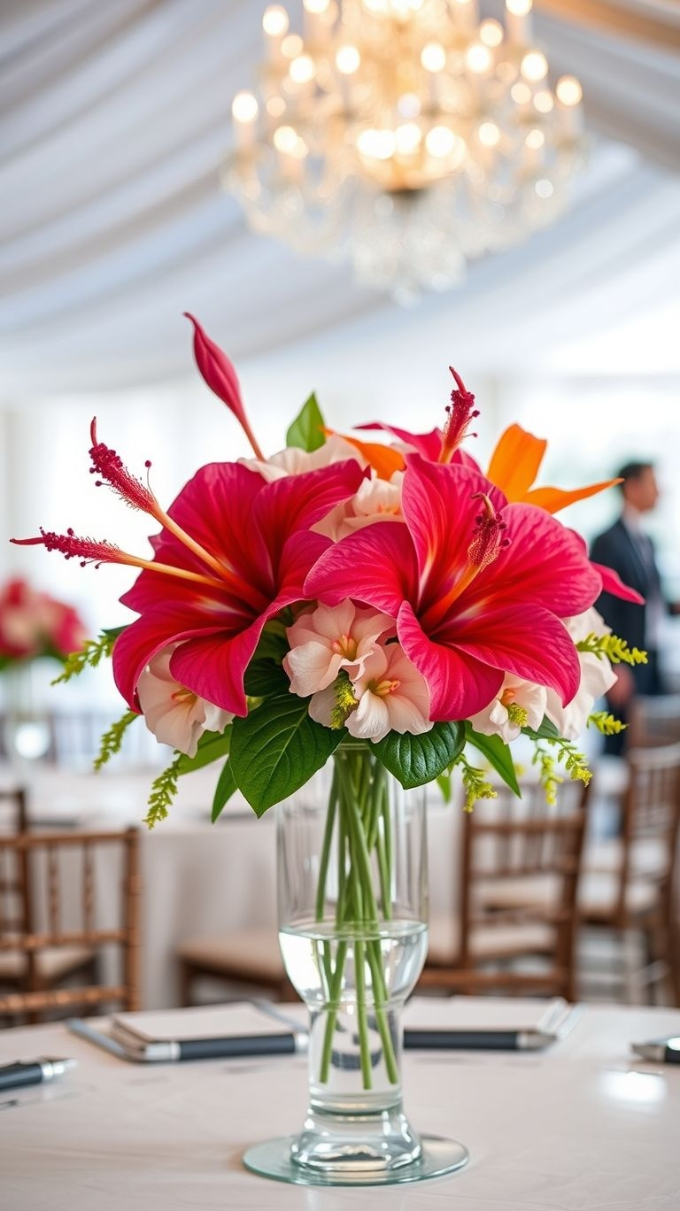 A splash of color, a touch of greenery, and pure tropical sophistication—centerpieces that redefine floral elegance!
