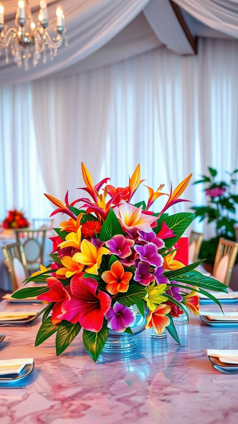 Island romance meets floral perfection! Tropical centerpieces bring warmth, vibrancy, and effortless beauty to any table.