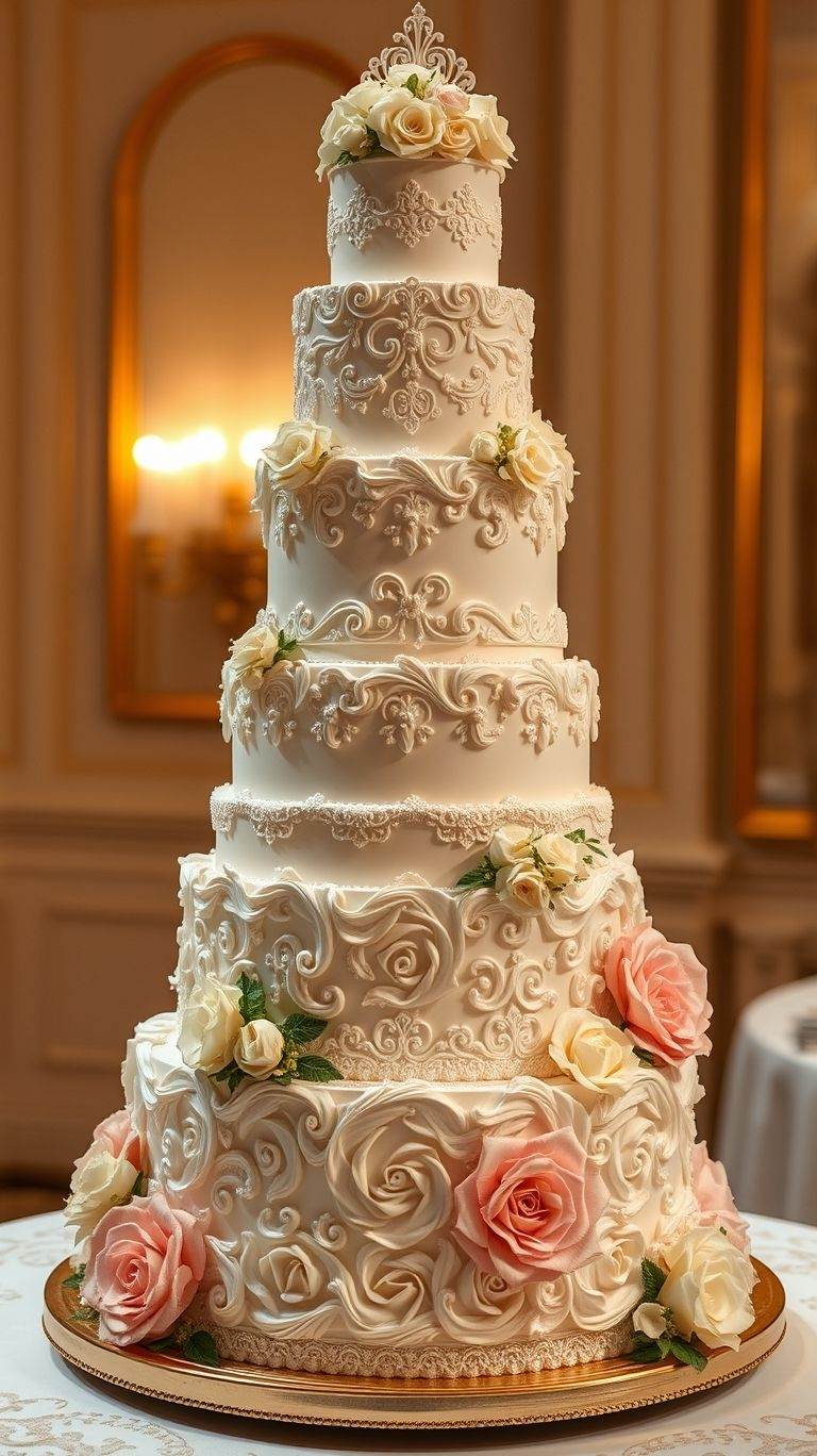 A timeless cake for a timeless love! Lace-inspired patterns and flawless white tiers make this wedding dessert unforgettable.