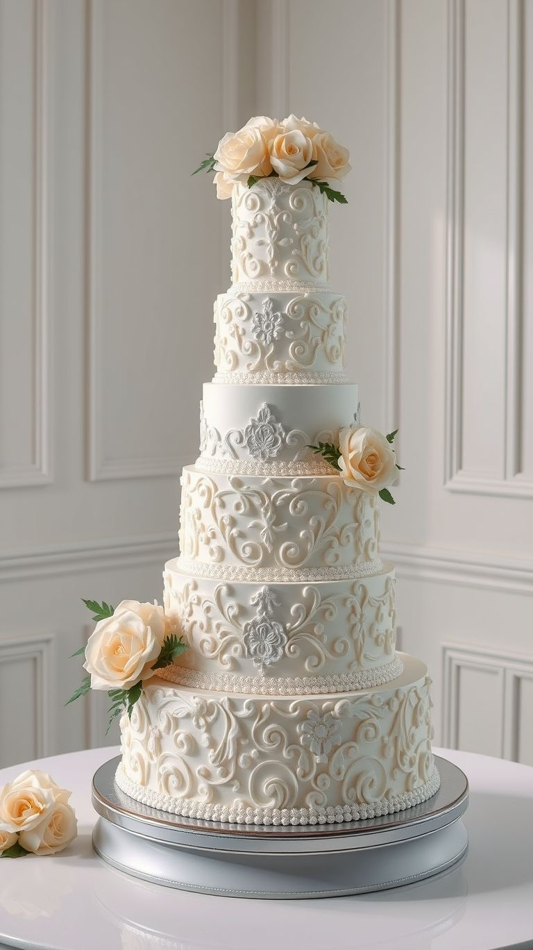 Pure wedding perfection! A lace-detailed white cake adds charm, grace, and a little vintage magic to your special day.