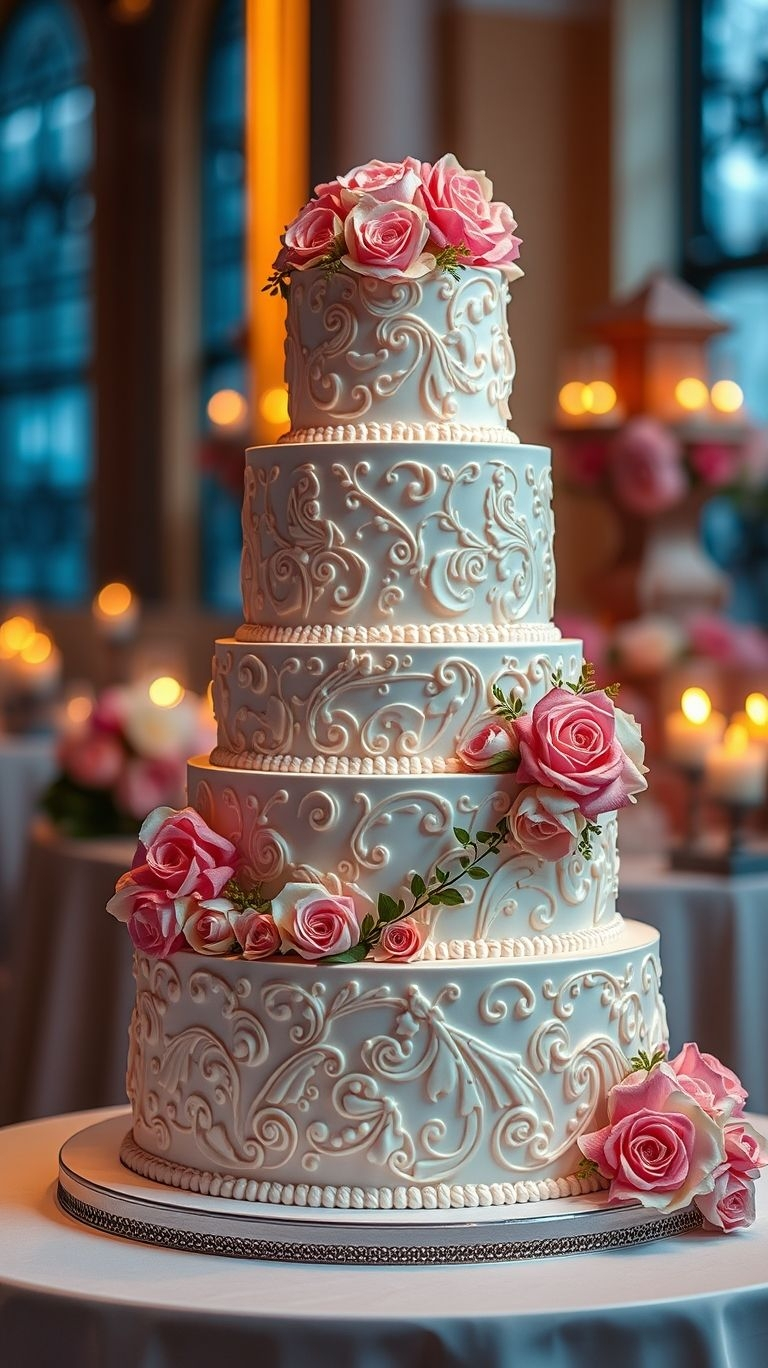 Love is sweet, and so is this lace-adorned masterpiece! White wedding cakes never looked this dreamy.