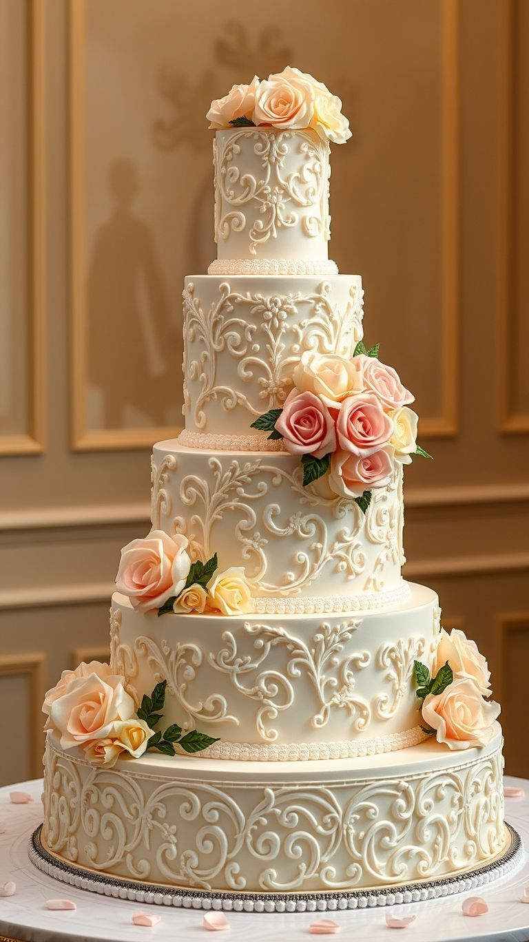 Delicate lace touches, smooth fondant, and wedding-day magic—this cake is what classic dreams are made of!