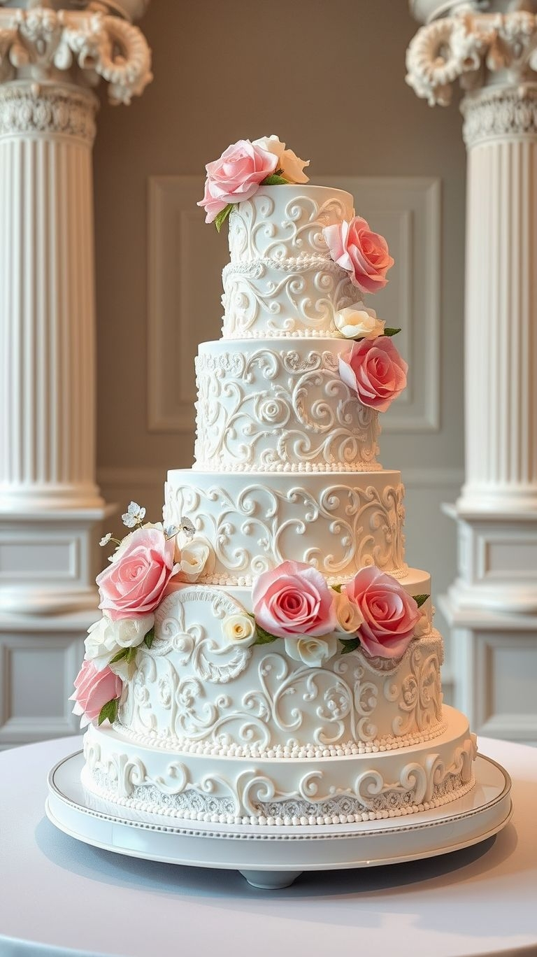 A wedding cake as classy as your love story! White fondant and lace-inspired designs make this beauty the ultimate centerpiece.